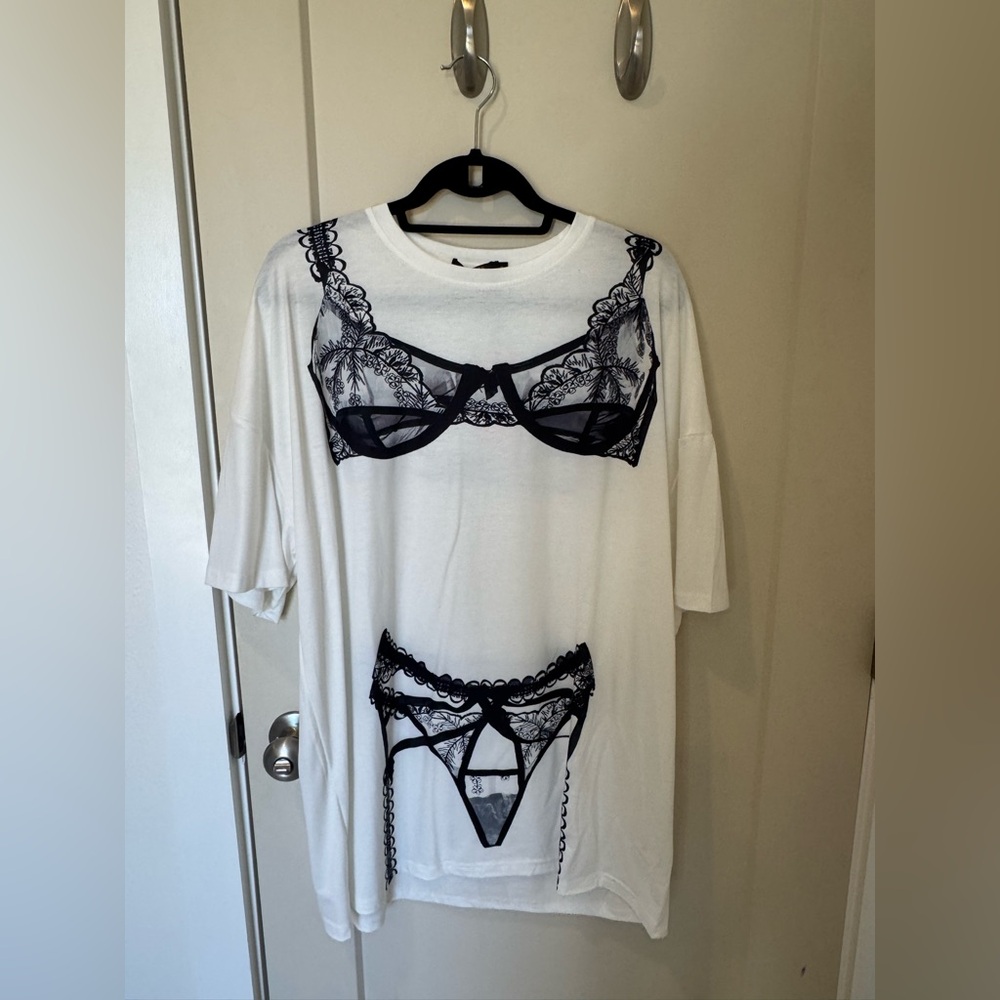 Chic White Tee with Black Lingerie Print